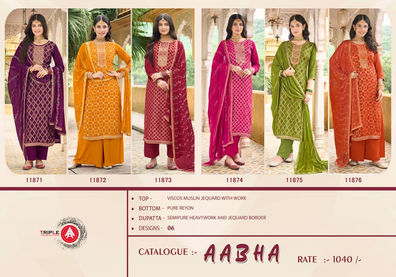 Triple Aabha Viscos Muslin Jacquard Wholesale Fancy Salwar Suit Catalog